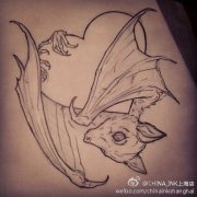 武汉纹身店推荐一款蝙蝠纹身手稿图案