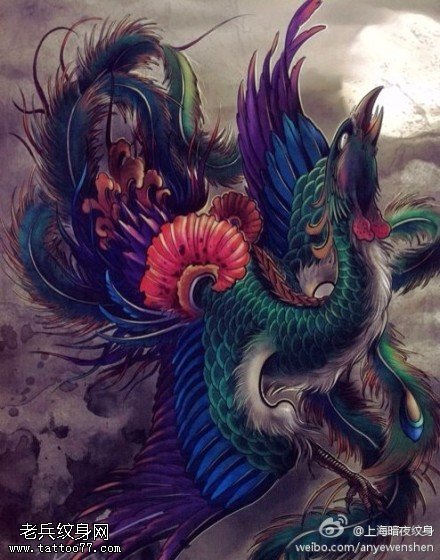 彩色凤凰纹身手稿图案