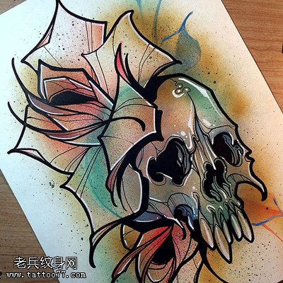 彩色骷髅花纹身手稿图案