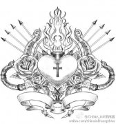 玫瑰花爱心十字架火焰箭头纹身手稿图案