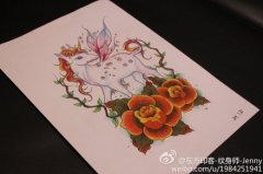 彩色玫瑰花鹿纹身图案由武汉纹身店提供