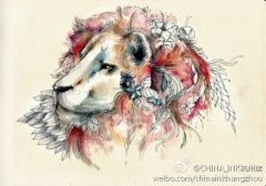 彩色水墨狮子纹身图案由武汉纹身提供