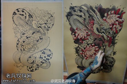 龙菊花纹身图案