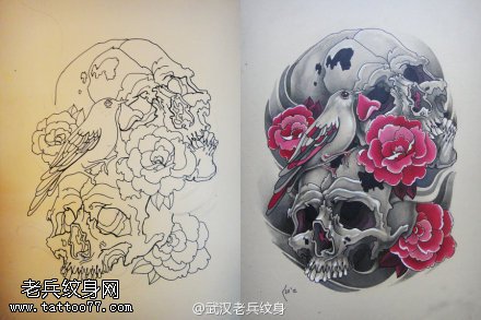 骷髅牡丹纹身手稿图片