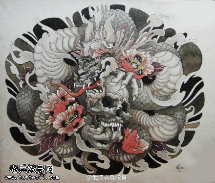 骷髅龙纹身手稿图片