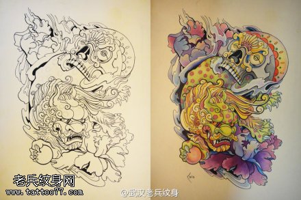 彩色唐狮嘎巴拉纹身图片