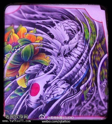 传统彩色莲花鲤鱼纹身手稿图片
