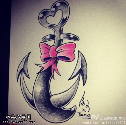 船锚蝴蝶结纹身手稿图案