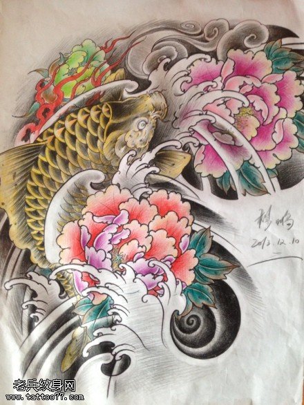 牡丹鲤鱼纹身手稿图案