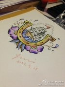彩色帆船花纹身手稿图案由武汉纹身馆提供