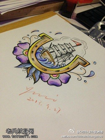 彩色帆船花纹身手稿图案