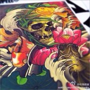 彩色传统骷髅莲花鲤鱼纹身手稿图案