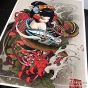 彩色蛇牡丹艺妓纹身手稿图案