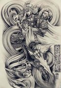 一款黑灰素描满背赵子龙纹身手稿图案