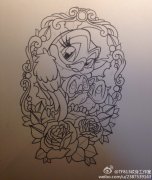 猫头鹰玫瑰花纹身手稿图案由武汉纹身提供