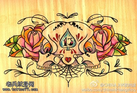 彩色蜘蛛网玫瑰花纹身手稿图案