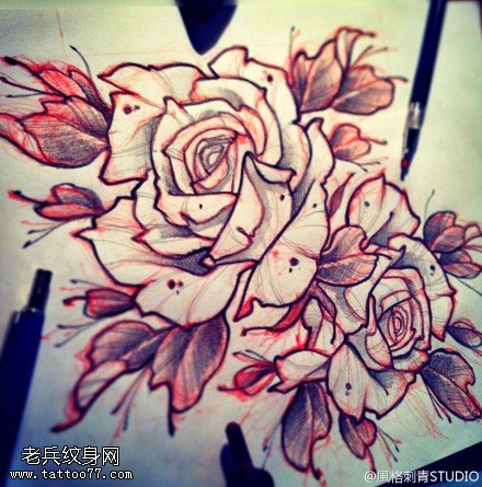 玫瑰花纹身手稿图案