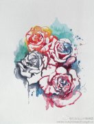 一款彩色水墨玫瑰花纹身手稿图案由武汉纹身提供
