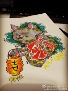 武汉纹身店推荐一款彩色大灰猫纹身手稿图案