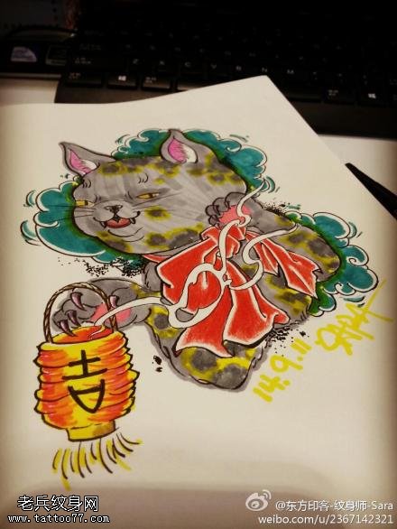 彩色大灰猫纹身手稿图案