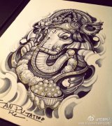 武汉最好的刺青店提供一款象神纹身手稿图案