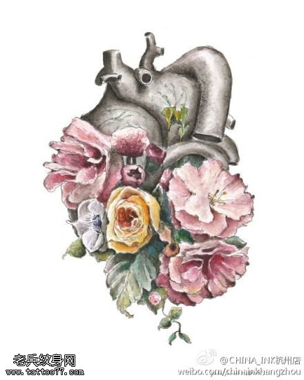 心脏玫瑰花纹身手稿图案