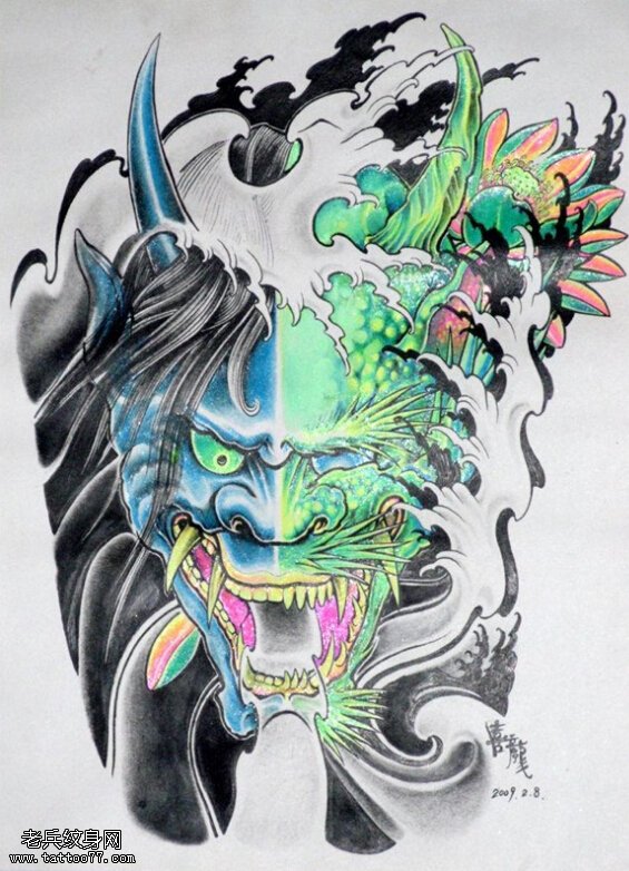彩色般若纹身图案