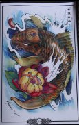 彩色传统鲤鱼莲花纹身手稿图案