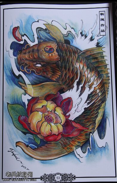 彩色传统鲤鱼莲花纹身手稿图案