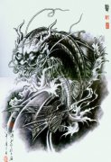 武汉纹身店推荐一款黑灰鳌鱼纹身手稿图案