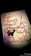 一款招财猫骷髅纹身手稿图案由武汉纹身提供