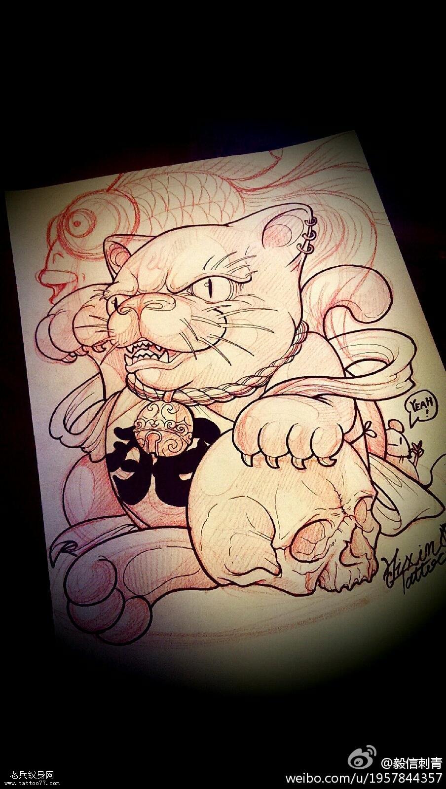 招财猫骷髅纹身手稿图案