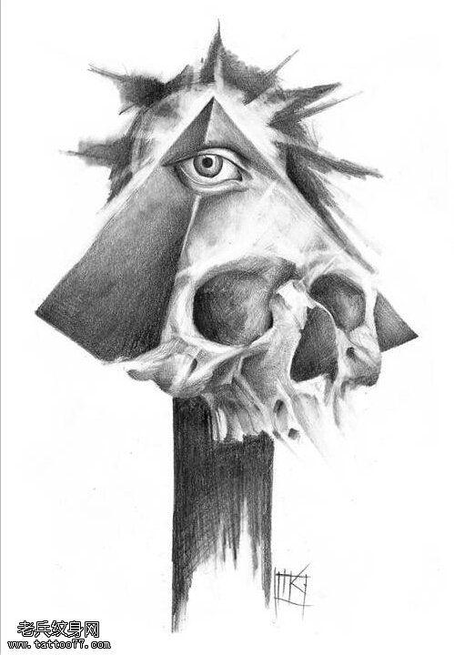 黑灰素描骷髅上帝之眼纹身手稿图案