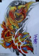 武汉纹身店推荐一款彩色凤凰纹身手稿图案
