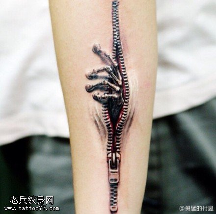 手臂3D拉链纹身图案