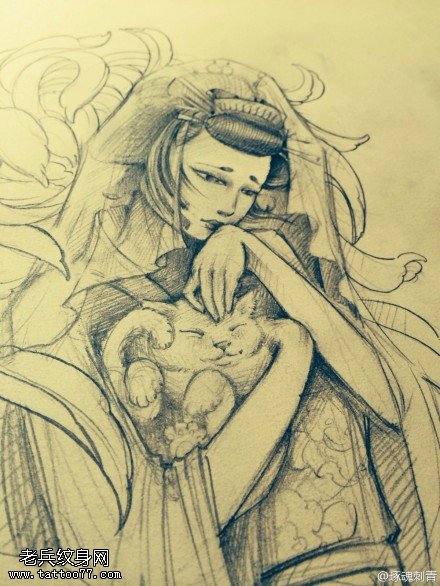 女郎招财猫纹身手稿图案