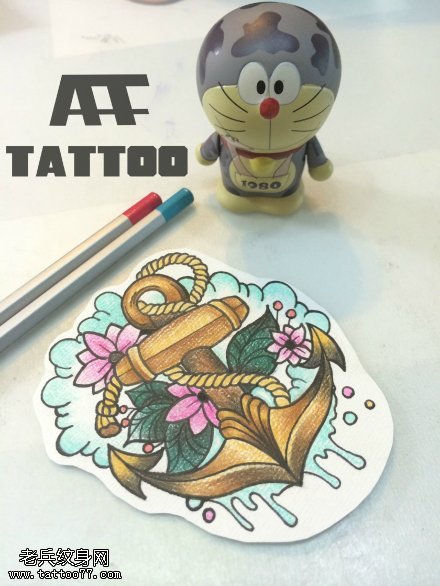 彩色船锚纹身手稿图案