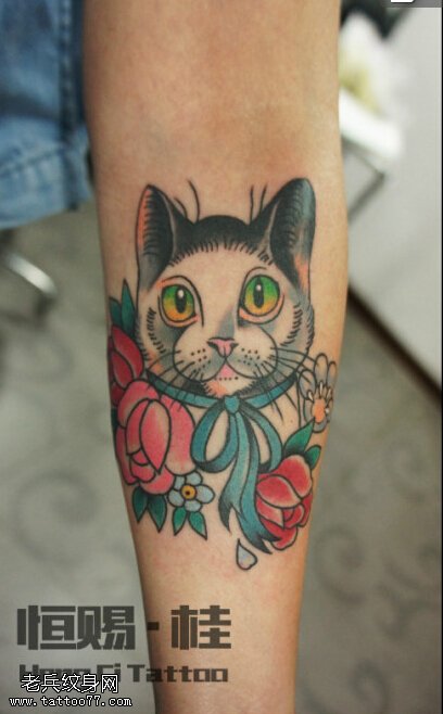 手臂彩色猫咪玫瑰花纹身图片