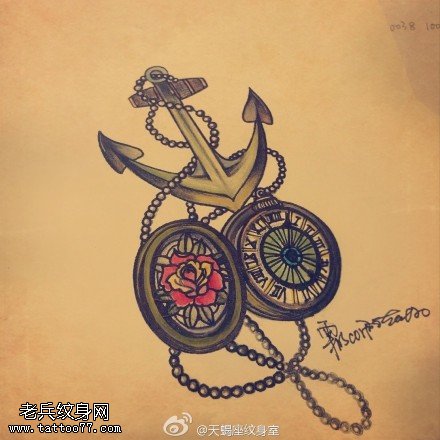 彩色船锚指南针玫瑰花纹身手稿图片
