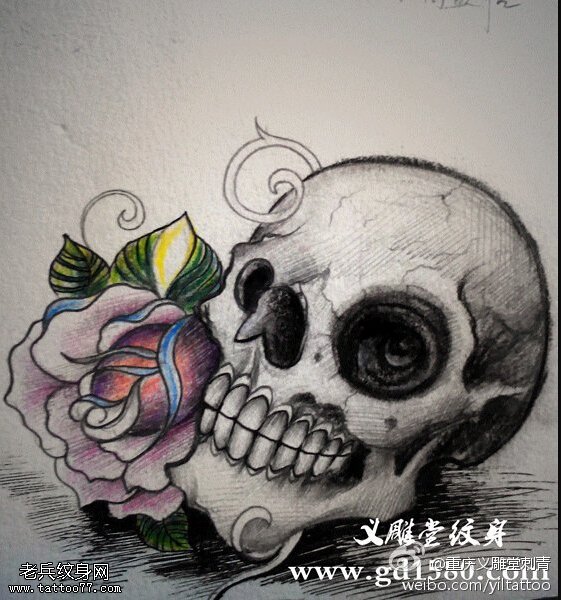 欧美骷髅玫瑰花纹身手稿图片