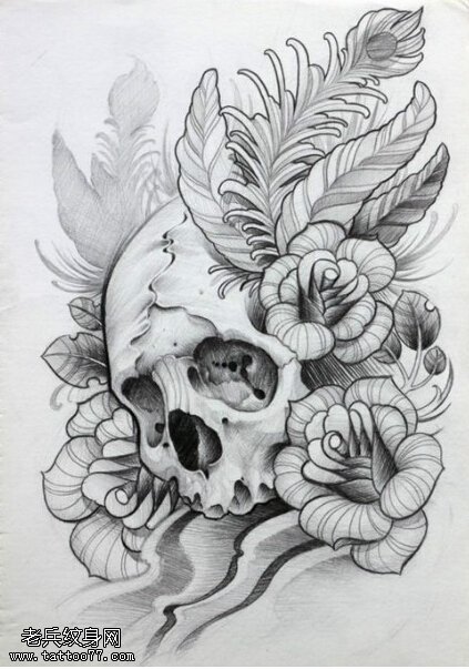 黑灰素描欧美骷髅玫瑰纹身图片