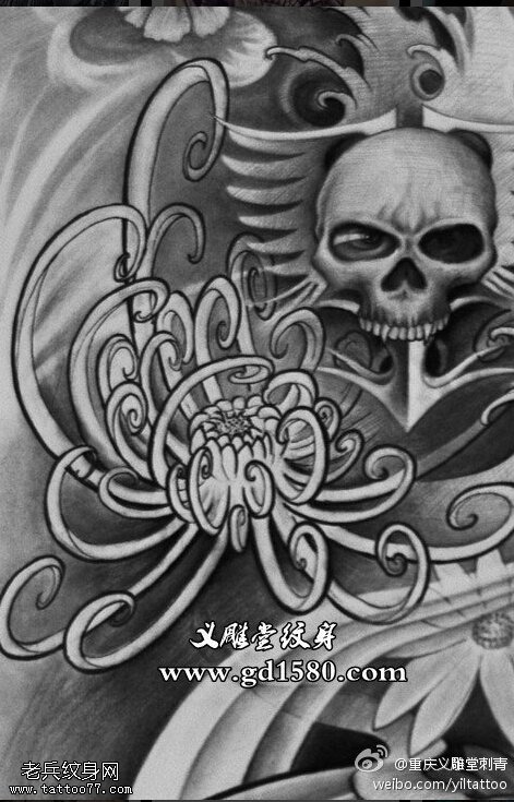 欧美骷髅曼陀罗花纹身图片