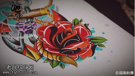 玫瑰花船锚纹身手稿图片
