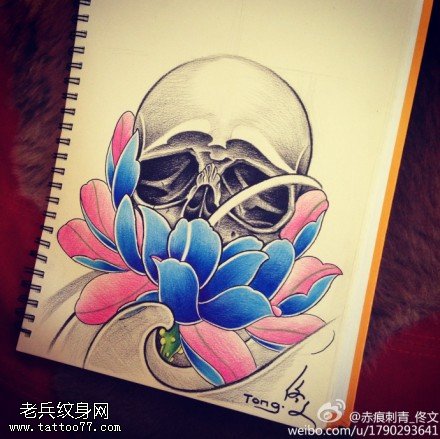彩色个性骷髅莲花纹身图片