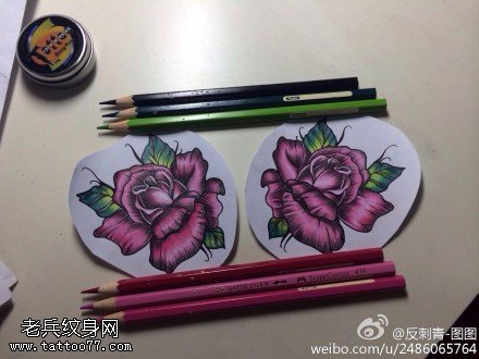 彩色school玫瑰花纹身手稿图案