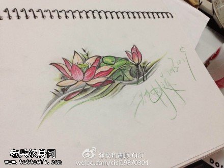 彩色荷花纹身手稿图案