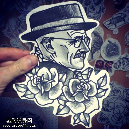 玫瑰花肖像纹身手稿图案