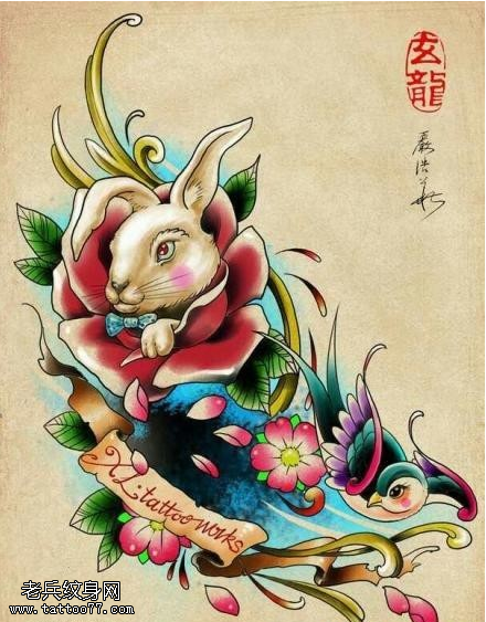 彩色school风格兔子燕子纹身手稿图片
