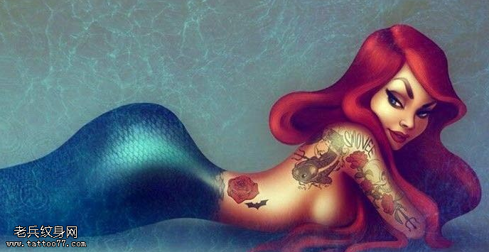 彩色性感美人鱼纹身手稿图片