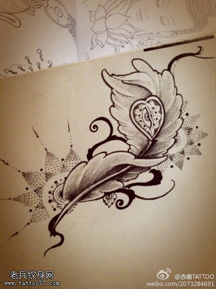 黑灰素描羽毛纹身手稿图案